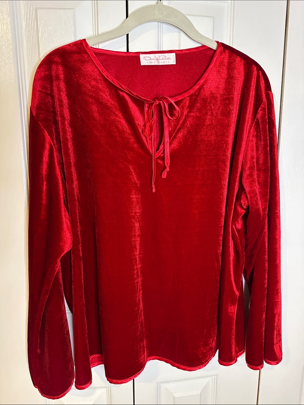 Vintage Oscar de la Renta Red Velvet Tie-Neck Long Sleeve Top